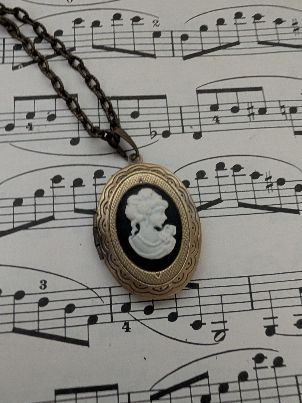 Vintage Cameo Locket Necklace - Black and Goldtone - Brass